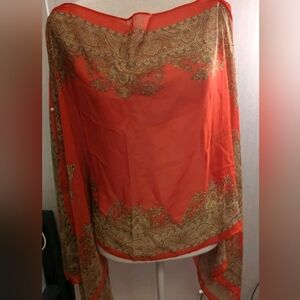 Paisley Chiffon Pullover Shawl With Pearls Red and Brown 60x19